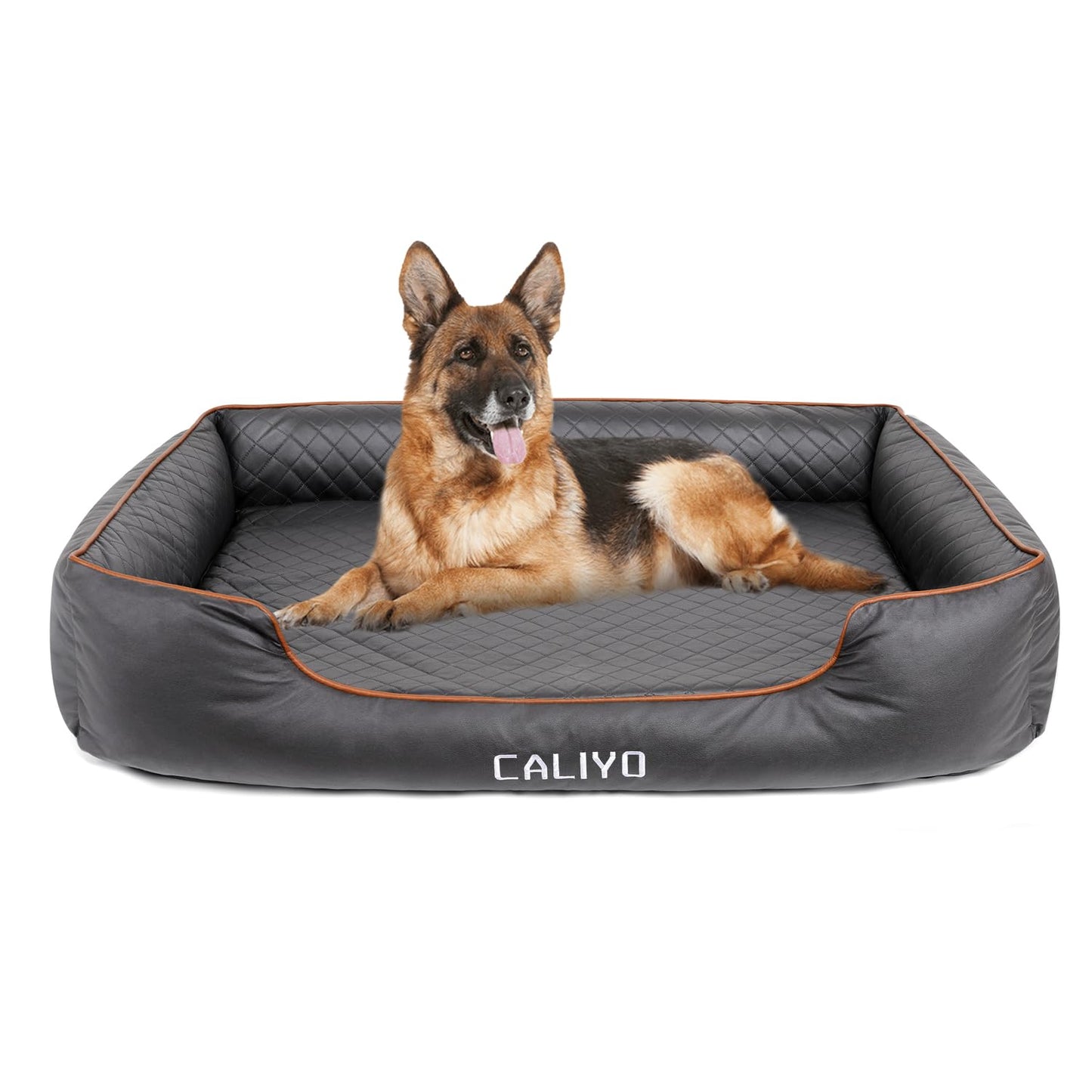 CALIYO Orthopaedic Dog Bed for Large Dogs - Faux Leather Dog Cushion, Waterproof & Washable, Memory Foam Dog Sofa with 4 Edges, Dog Mat 127 x 97 x 18 cm, Black