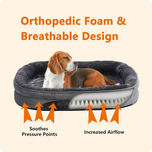 HMTOPE Orthopaedic Dog Bed, Dog Sofa, Four-Sided Bolster Cushion, Non-Slip Underside, Dog Basket, Removable and Washable, Medium Dogs, Large Dogs, 106 x 79 x 17 cm, Dark Grey