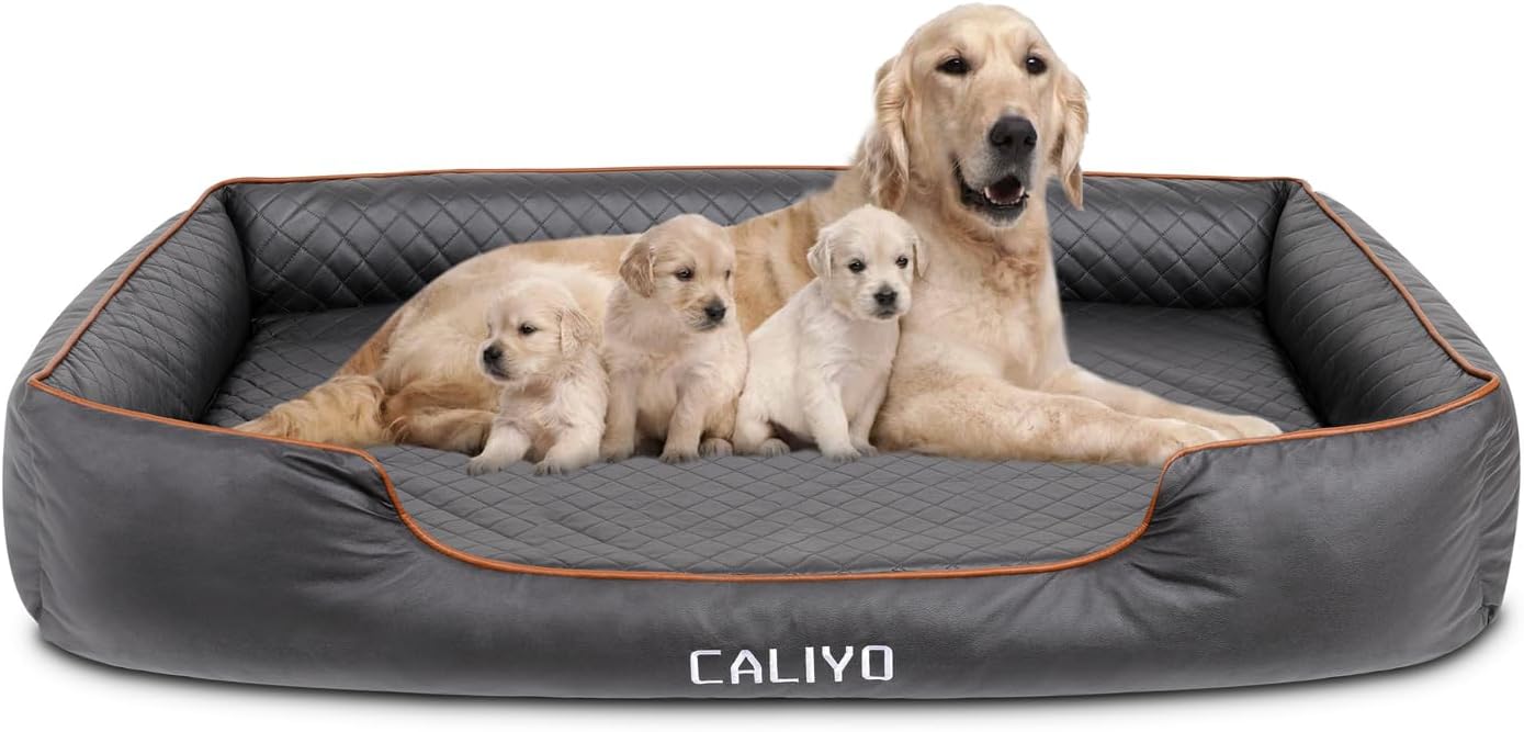 CALIYO Orthopaedic Dog Bed for Large Dogs - Faux Leather Dog Cushion, Waterproof & Washable, Memory Foam Dog Sofa with 4 Edges, Dog Mat 127 x 97 x 18 cm, Black