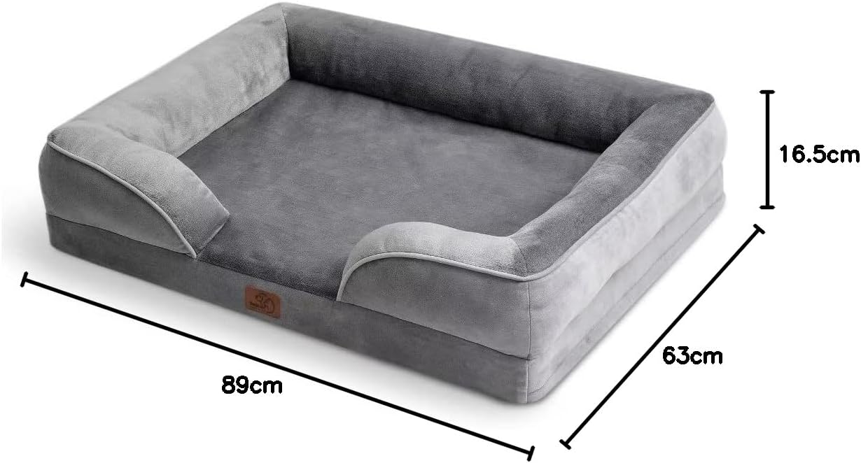 BEDSURE Orthopaedic Dog Bed, Ergonomic Dog Sofa, 89 x 63 cm, Dog Couch with Egg Carton Foam for Medium Dogs, Washable, Non-Slip Dog Beds, Grey