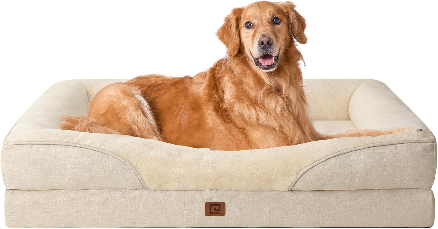 EHEYCIGA Orthopädisches Hundebett Grosse Hunde, Memory Foam Waschbar und Wasserdicht Hundekorb mit 4 Rändern, Hundesofa Hundecouch rutschfest, Beige, 106.5x76x18.5 cm