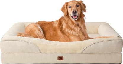 EHEYCIGA Orthopädisches Hundebett Grosse Hunde, Memory Foam Waschbar und Wasserdicht Hundekorb mit 4 Rändern, Hundesofa Hundecouch rutschfest, Beige, 106.5x76x18.5 cm