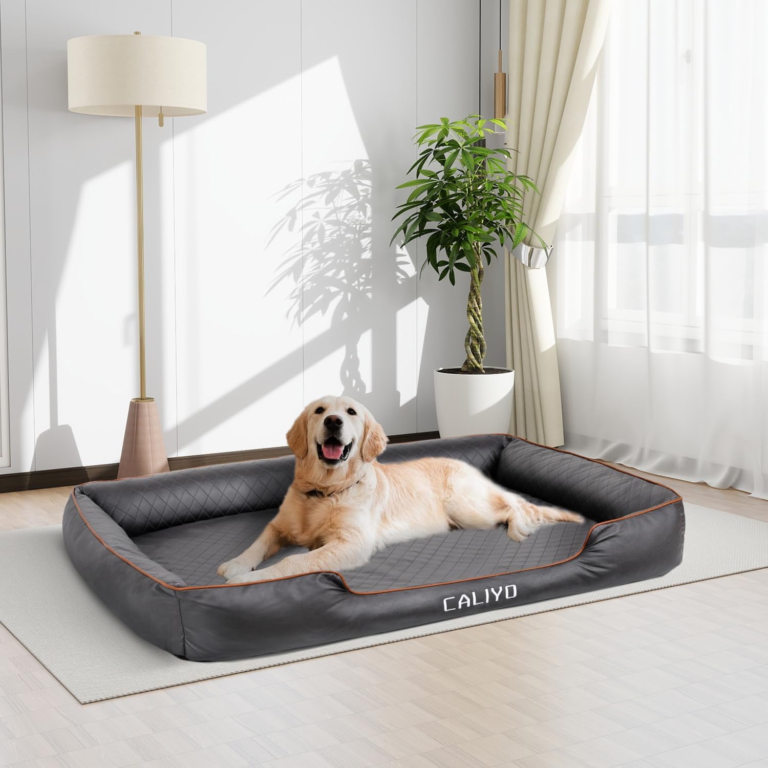 CALIYO Orthopaedic Dog Bed for Large Dogs - Faux Leather Dog Cushion, Waterproof & Washable, Memory Foam Dog Sofa with 4 Edges, Dog Mat 127 x 97 x 18 cm, Black