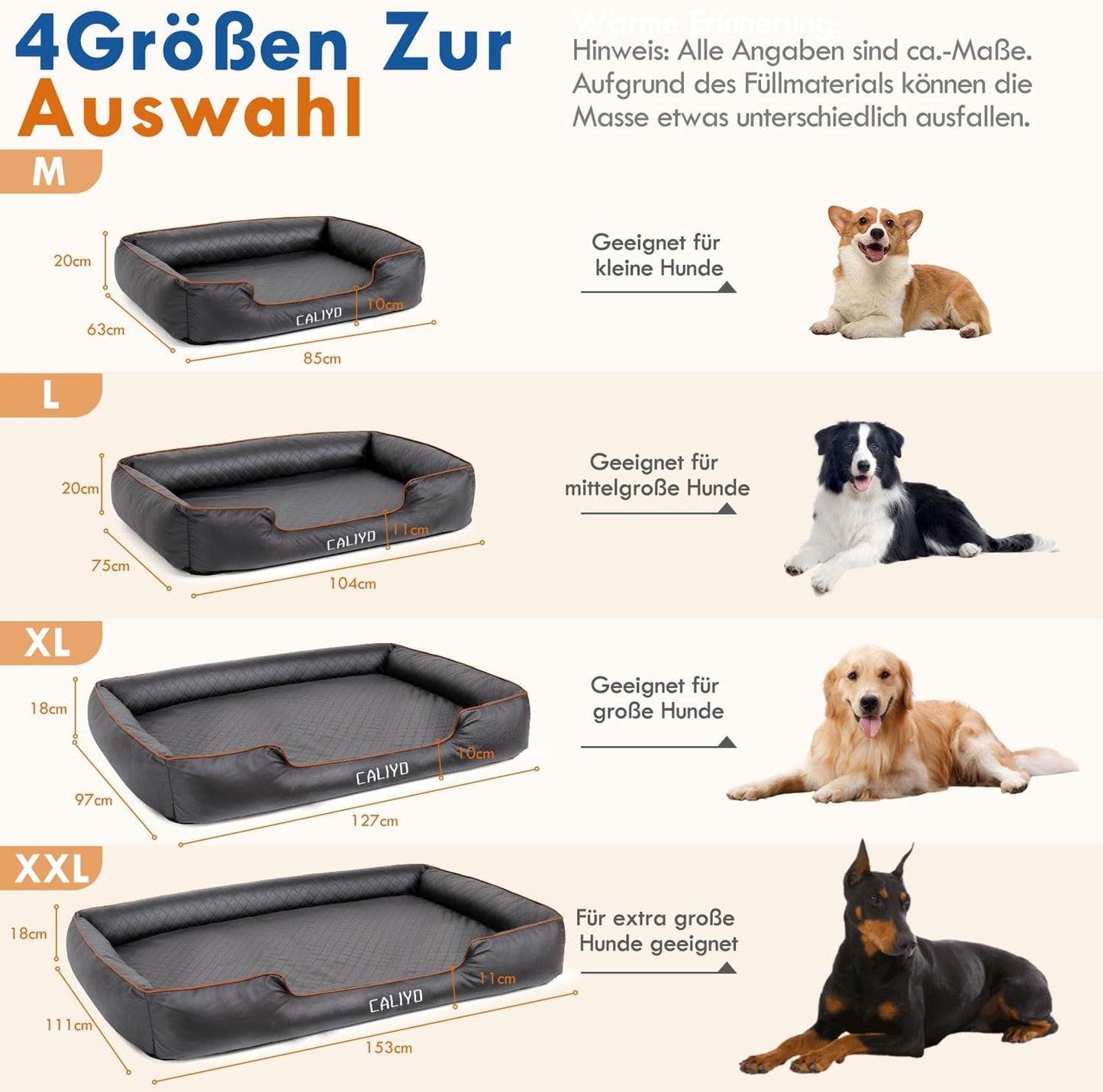 CALIYO Orthopaedic Dog Bed for Large Dogs - Faux Leather Dog Cushion, Waterproof & Washable, Memory Foam Dog Sofa with 4 Edges, Dog Mat 127 x 97 x 18 cm, Black