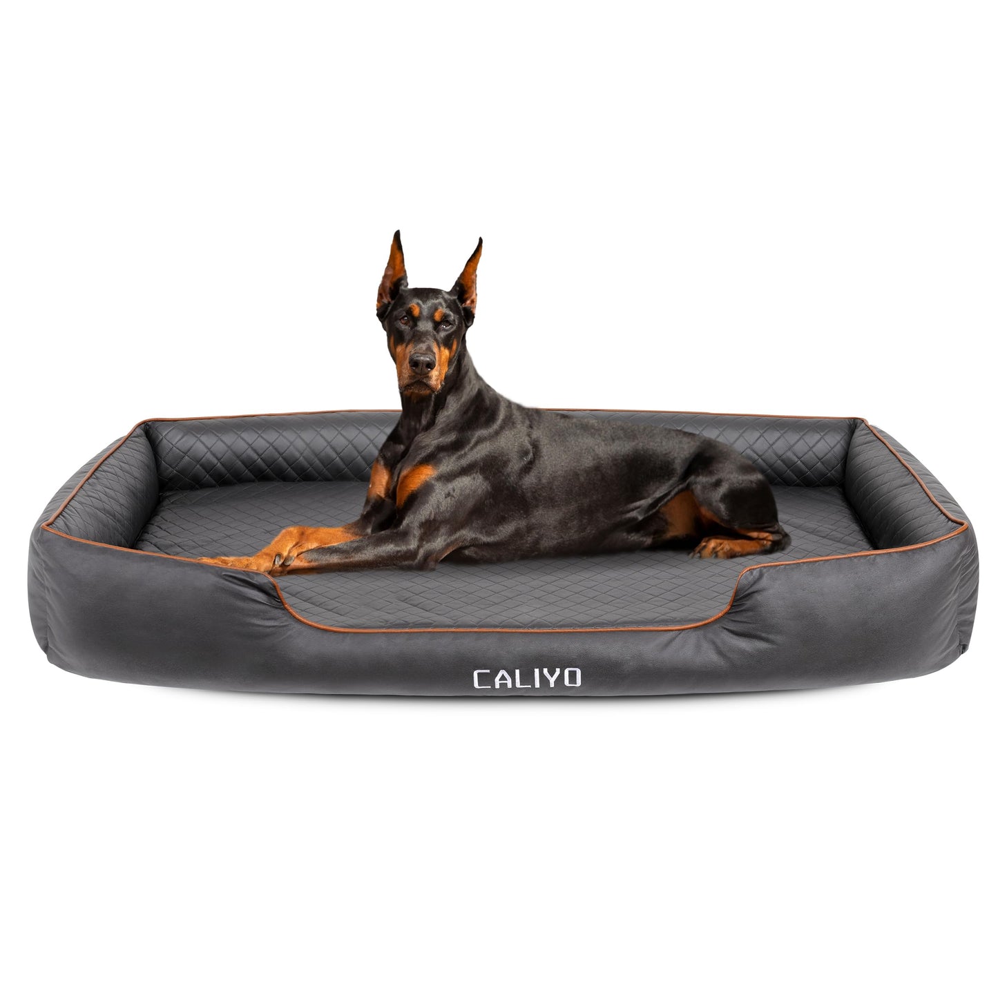 CALIYO Orthopaedic Dog Bed for Large Dogs - Faux Leather Dog Cushion, Waterproof & Washable, Memory Foam Dog Sofa with 4 Edges, Dog Mat 127 x 97 x 18 cm, Black