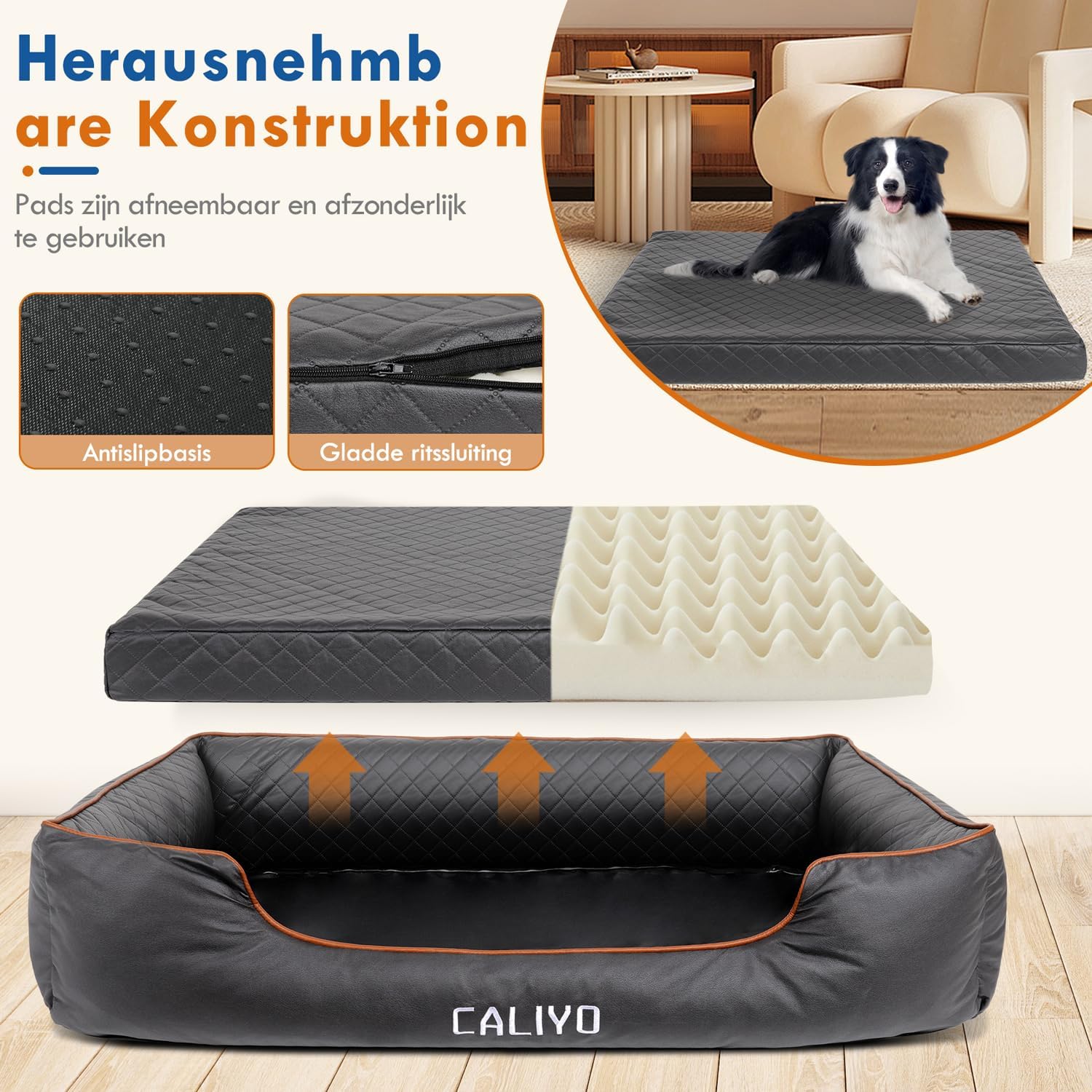 CALIYO Orthopaedic Dog Bed for Large Dogs - Faux Leather Dog Cushion, Waterproof & Washable, Memory Foam Dog Sofa with 4 Edges, Dog Mat 127 x 97 x 18 cm, Black