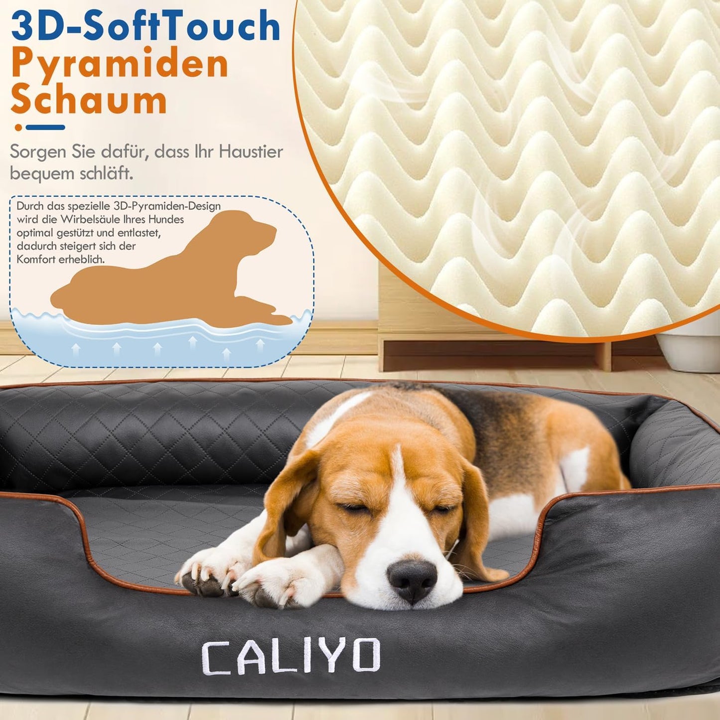CALIYO Orthopaedic Dog Bed for Large Dogs - Faux Leather Dog Cushion, Waterproof & Washable, Memory Foam Dog Sofa with 4 Edges, Dog Mat 127 x 97 x 18 cm, Black