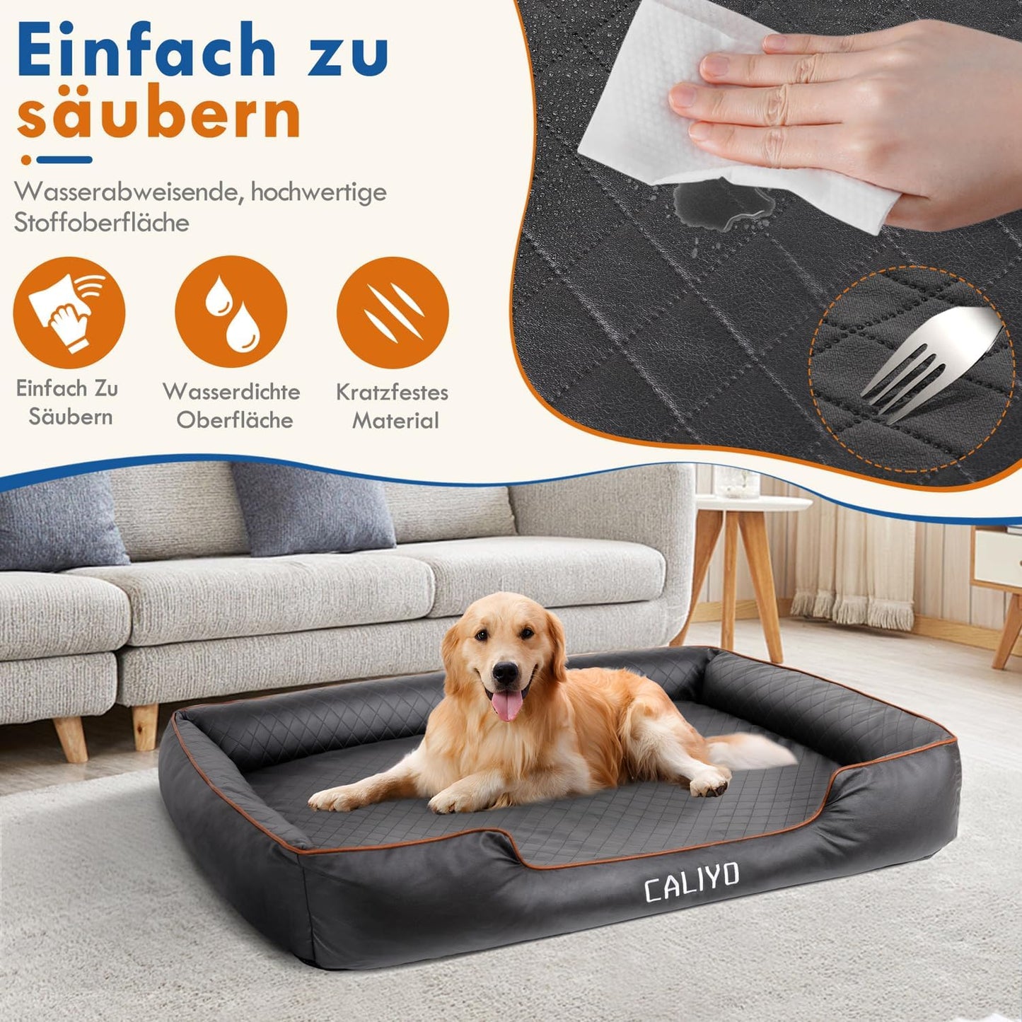CALIYO Orthopaedic Dog Bed for Large Dogs - Faux Leather Dog Cushion, Waterproof & Washable, Memory Foam Dog Sofa with 4 Edges, Dog Mat 127 x 97 x 18 cm, Black