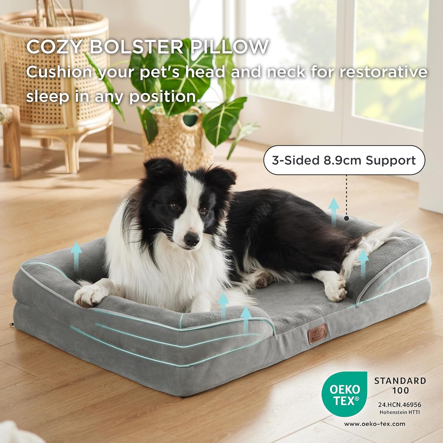 BEDSURE Orthopaedic Dog Bed, Ergonomic Dog Sofa, 89 x 63 cm, Dog Couch with Egg Carton Foam for Medium Dogs, Washable, Non-Slip Dog Beds, Grey