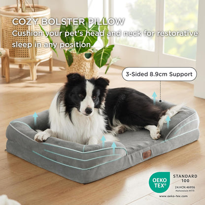 BEDSURE Orthopaedic Dog Bed, Ergonomic Dog Sofa, 89 x 63 cm, Dog Couch with Egg Carton Foam for Medium Dogs, Washable, Non-Slip Dog Beds, Grey